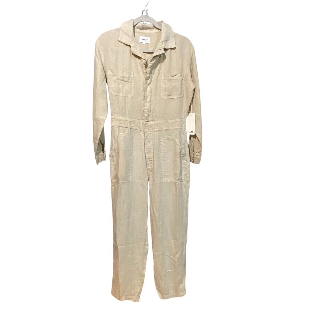 MATE the Label Linen Long Sleeve Jumpsuit Natural Small NEW Boiler Organic NWT